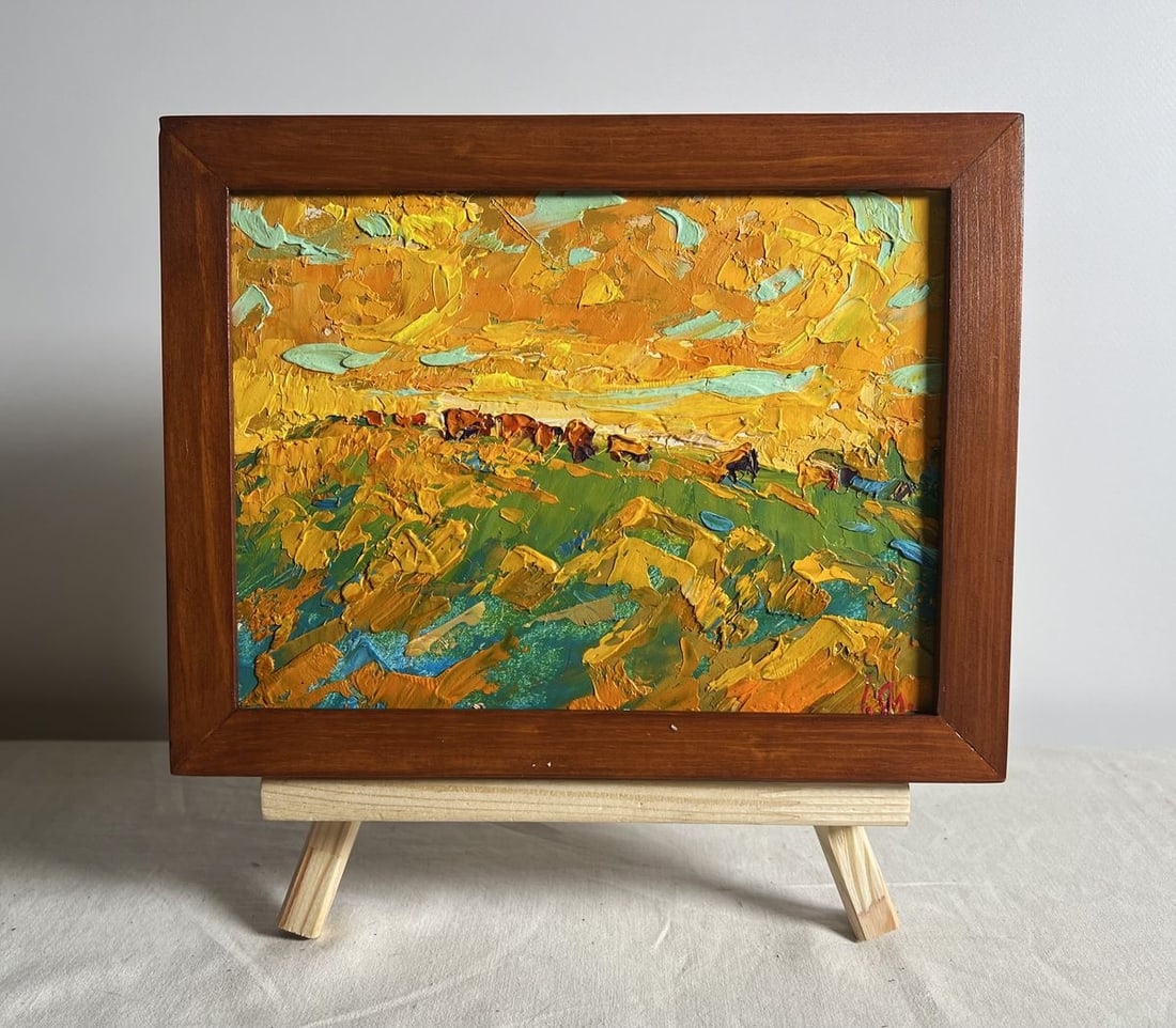Oil painting Yellow sunset in the field Alex Kalenyuk: Title: Oil painting Yellow sunset in the field Alex Kalenyuk Description: NoAAA3852This oil painting cardboard, titled "Yellow sunset in the field", the artist masterfully employs an impasto technique