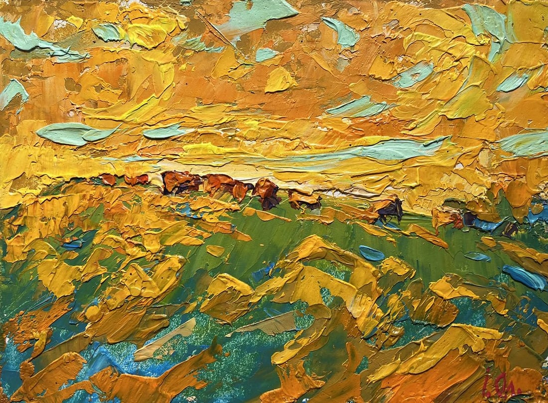 Oil painting Yellow sunset in the field Alex Kalenyuk - 3