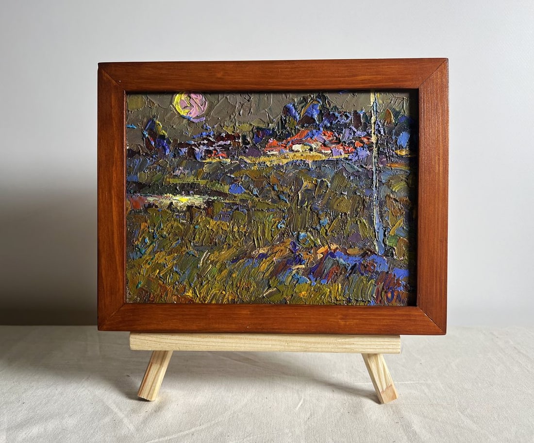 Oil painting Moonlit night in autumn Alex Kalenyuk: Title: Oil painting Moonlit night in autumn Alex Kalenyuk Description: NoAAA3854This oil painting cardboard, titled "Moonlit night in autumn", the painting beautifully balances warm and cool tones, ev