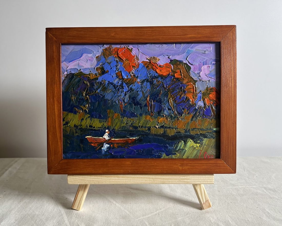 Oil painting It's cool by the river in the evening Oksana Kalenyuk: Title: Oil painting It's cool by the river in the evening Oksana Kalenyuk Description: NoAAA3882This oil painting cardboard, titled "It's cool by the river in the evening", the artist employs a bold