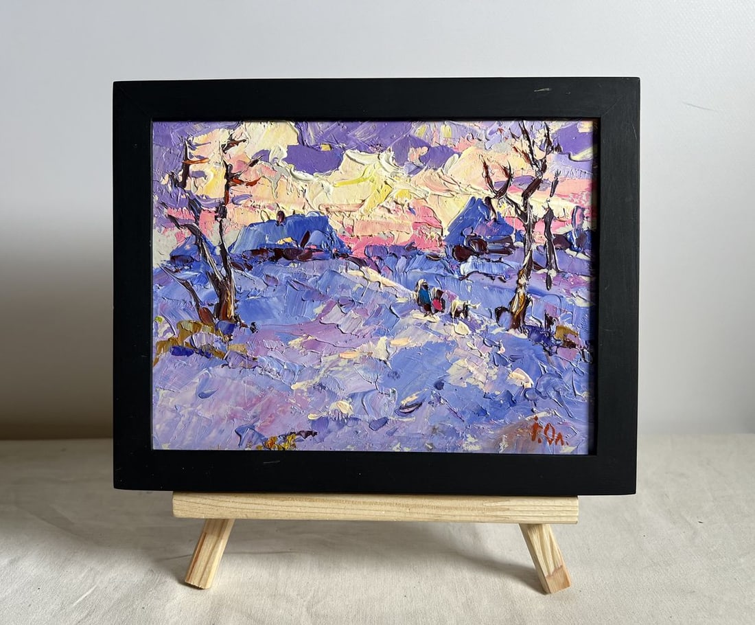 Oil painting Romantic winter evening Alex Kalenyuk: Title: Oil painting Romantic winter evening Alex Kalenyuk Description: NoAAA3915The painting "Romantic Winter Evening" captures the serene and enchanting atmosphere of a winter landscape at dusk. The