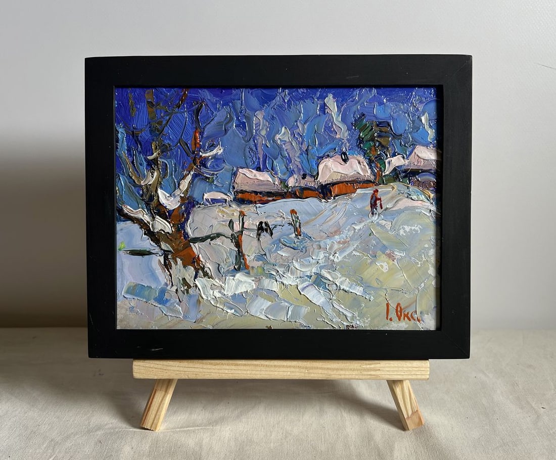 Oil painting Snowy streets of the village Oksana Kalenyuk: Title: Oil painting Snowy streets of the village Oksana Kalenyuk Description: NoAAA3922This oil painting cardboard, titled "Snowy streets of the village", the artist uses an impasto technique, applyin