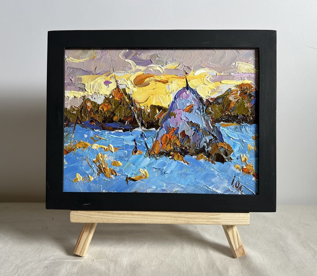 Oil painting Snow blue Alex Kalenyuk: Title: Oil painting Snow blue Alex Kalenyuk Description: NoAAA3924The painting "Snow Blue" vividly captures a serene winter landscape, dominated by cold blue hues with hints of warmth from a setting s
