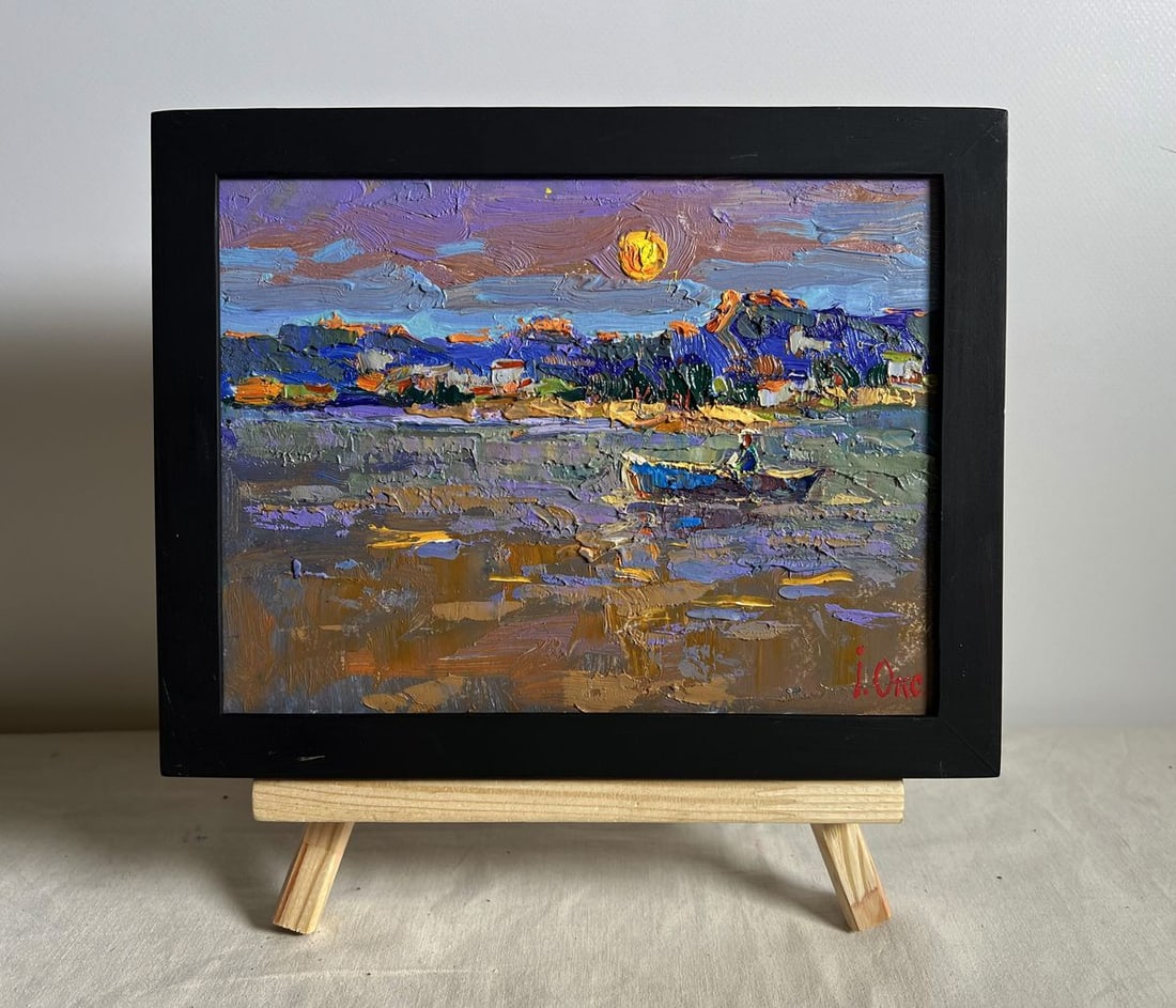 Oil painting Moon over the lake Oksana Kalenyuk: Title: Oil painting Moon over the lake Oksana Kalenyuk Description: NoAAA3952This oil painting cardboard, titled "Moon over the lake", the interplay of warm and cool tones evokes a sense of serenity,