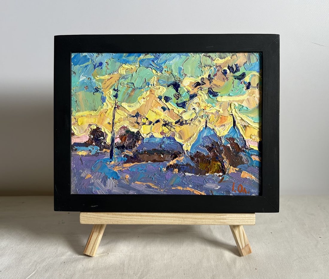 Oil painting Crows in the evening Alex Kalenyuk: Title: Oil painting Crows in the evening Alex Kalenyuk Description: NoAAA3973The painting "Crows in the Evening" captures the mystical and moody atmosphere of dusk, when the last rays of sunlight