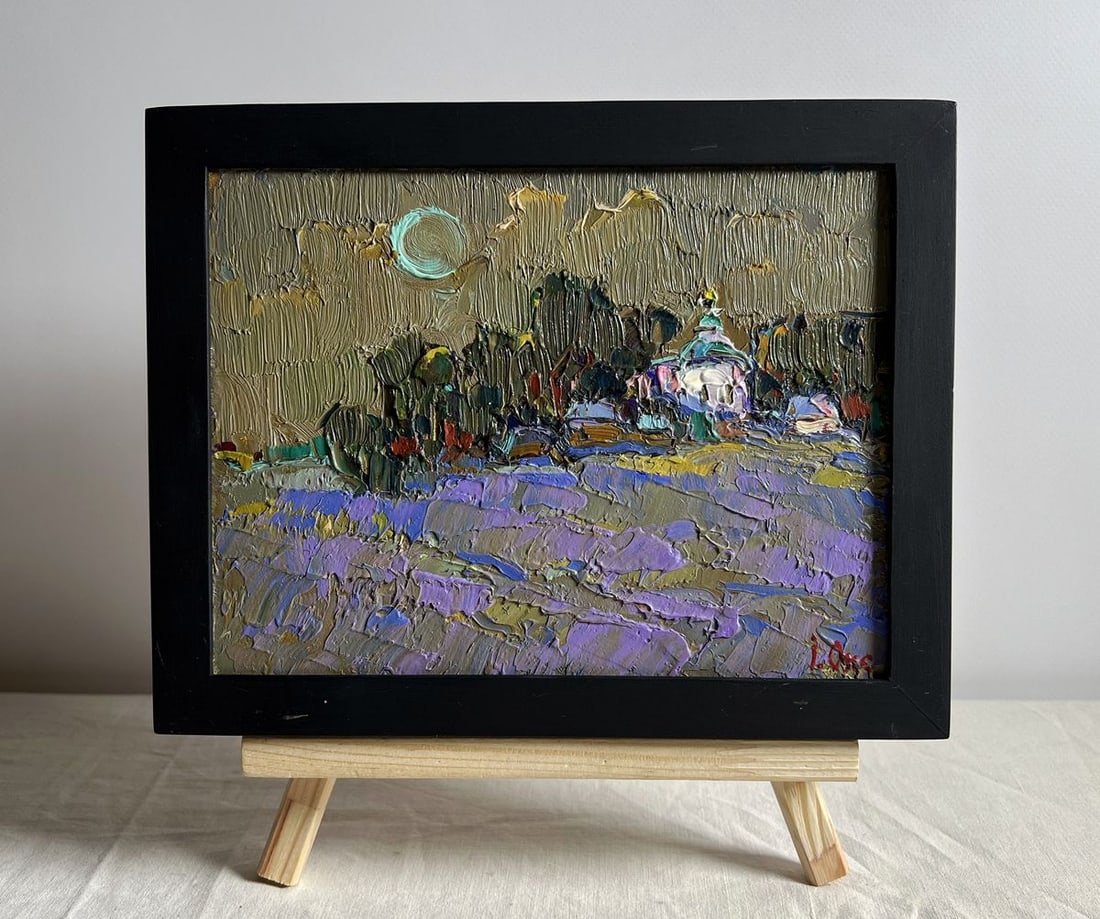 Oil painting Moonlit night in the village Oksana Kalenyuk: Title: Oil painting Moonlit night in the village Oksana Kalenyuk Description: NoAAA4011This oil painting cardboard, titled "Moonlit night in the village", the artist uses an impasto technique, applyin
