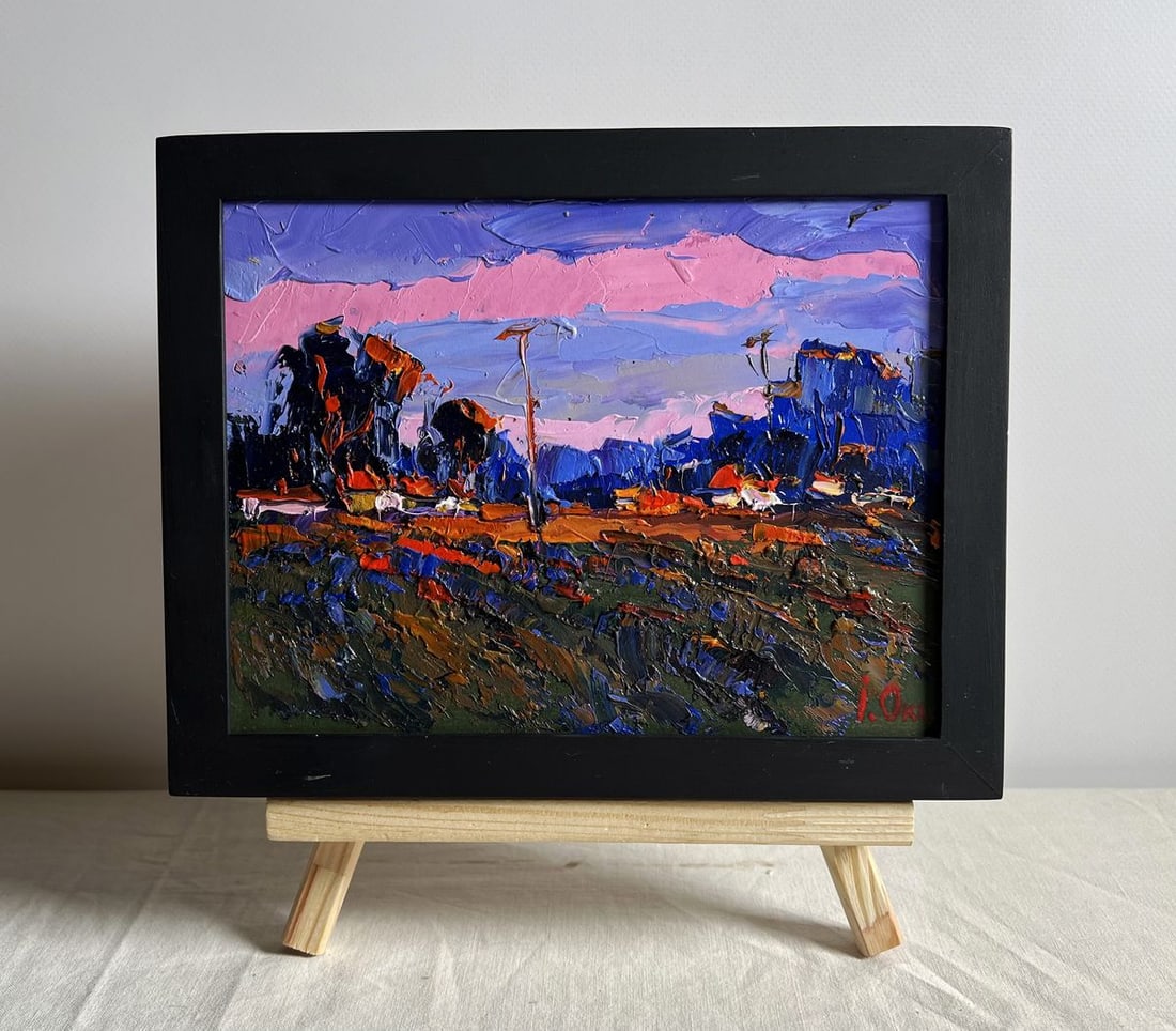 Oil painting A pink sunset is visible Oksana Kalenyuk: Title: Oil painting A pink sunset is visible Oksana Kalenyuk Description: NoAAA4020This oil painting cardboard, titled "A pink sunset is visible", the artist uses a vibrant palette and dynamic brushst