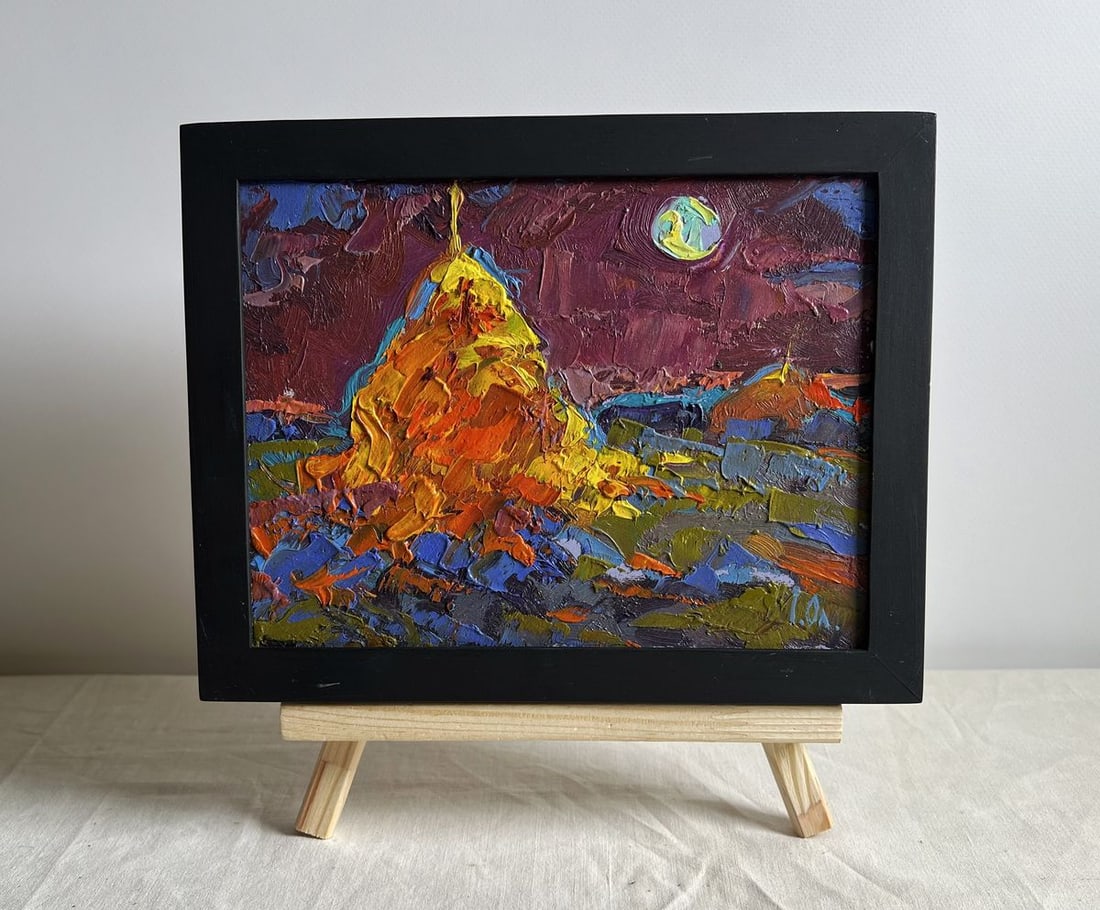 Oil painting Moonlit night in the field Alex Kalenyuk: Title: Oil painting Moonlit night in the field Alex Kalenyuk Description: NoAAA4028This oil painting cardboard, titled "Moonlit night in the field", the artists use of impasto brushstrokes and a