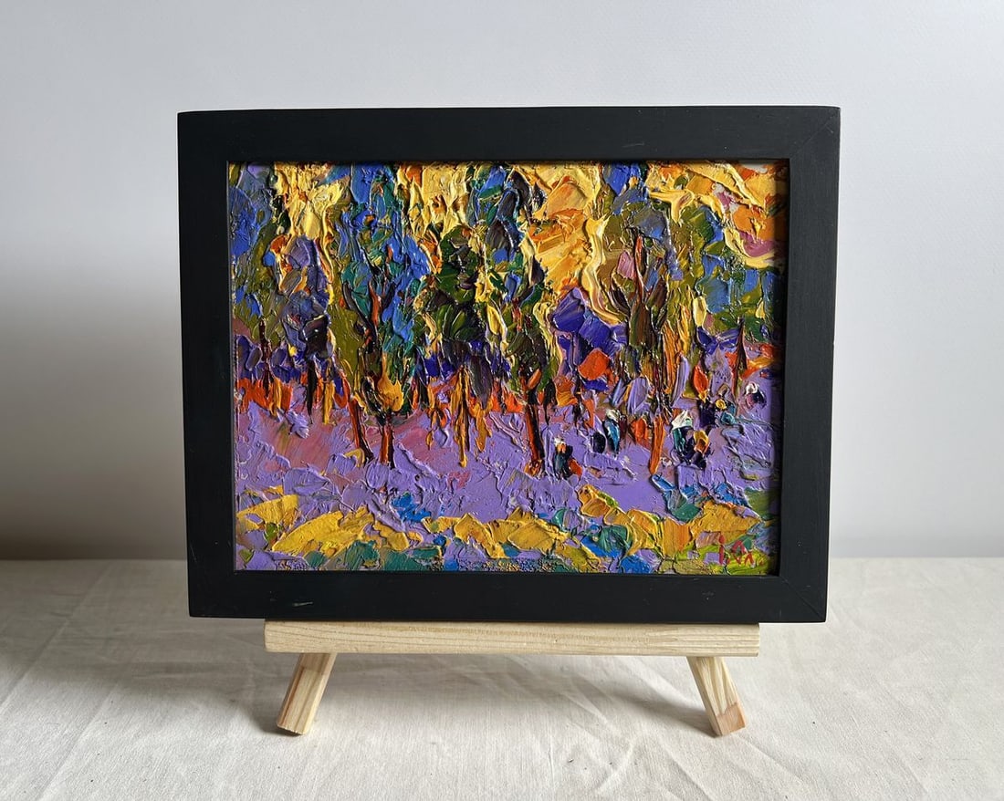 Oil painting Yellow sunset behind the trees Alex Kalenyuk: Title: Oil painting Yellow sunset behind the trees Alex Kalenyuk Description: NoAAA4038This oil painting cardboard, titled "Yellow sunset behind the trees", the artist employs an expressive impasto