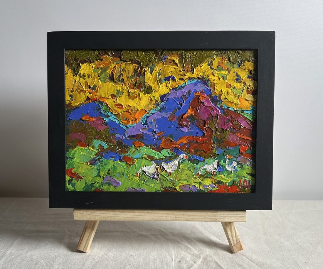 Oil painting Geese on the Hill Alex Kalenyuk: Title: Oil painting Geese on the Hill Alex Kalenyuk Description: NoAAA4039This oil painting cardboard, titled "Geese on the Hill", the artist employs thick, impasto brushstrokes to create texture and
