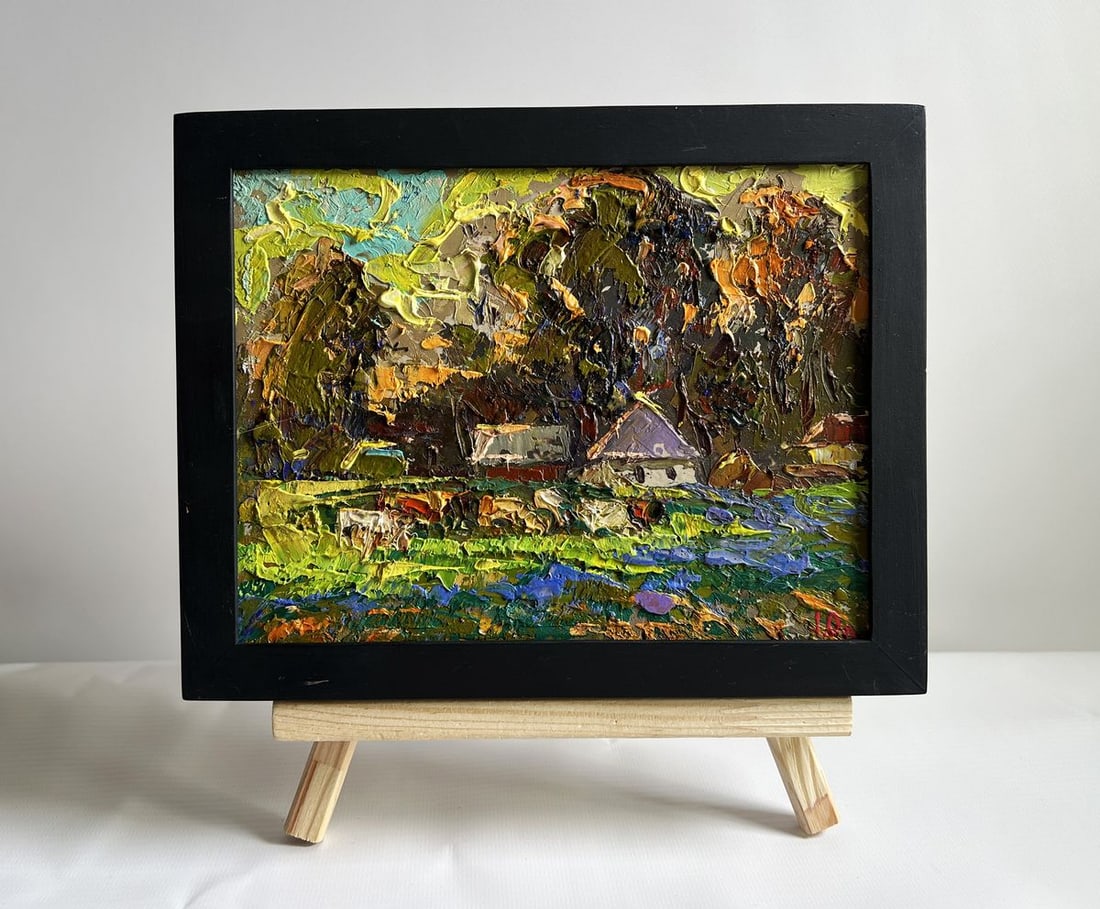 Oil painting Along the green field Alex Kalenyuk: Title: Oil painting Along the green field Alex Kalenyuk Description: NoAAA4051This oil painting cardboard, titled "Along the green field", the painting is executed with bold, expressive brushstrokes,