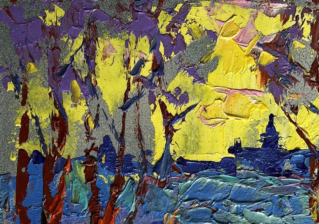 Oil painting Winter evening with yellow sunset Alex Kalenyuk - 7