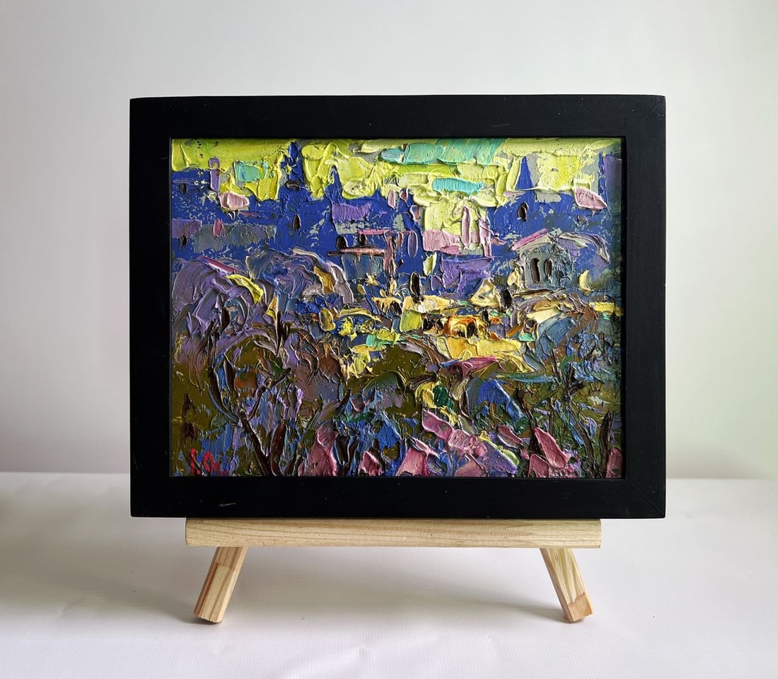 Oil painting A yellow sunset illuminates the city Alex Kalenyuk: Title: Oil painting A yellow sunset illuminates the city Alex Kalenyuk Description: NoAAA4062This oil painting cardboard, titled "A yellow sunset illuminates the city", the artist uses an expressive i