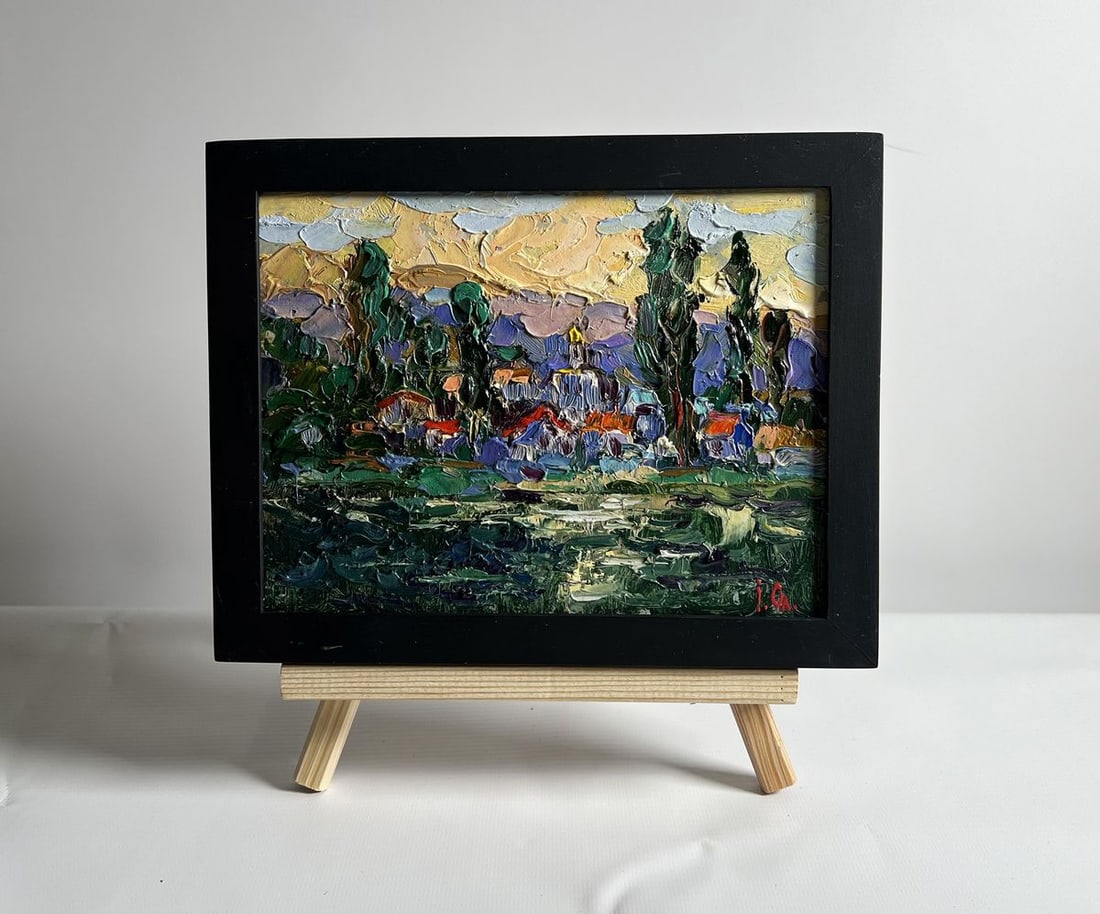 Oil painting City along the river Alex Kalenyuk: Title: Oil painting City along the river Alex Kalenyuk Description: NoAAA4068This oil painting cardboard, titled "City along the river", the artist employs a rich and expressive impasto technique,