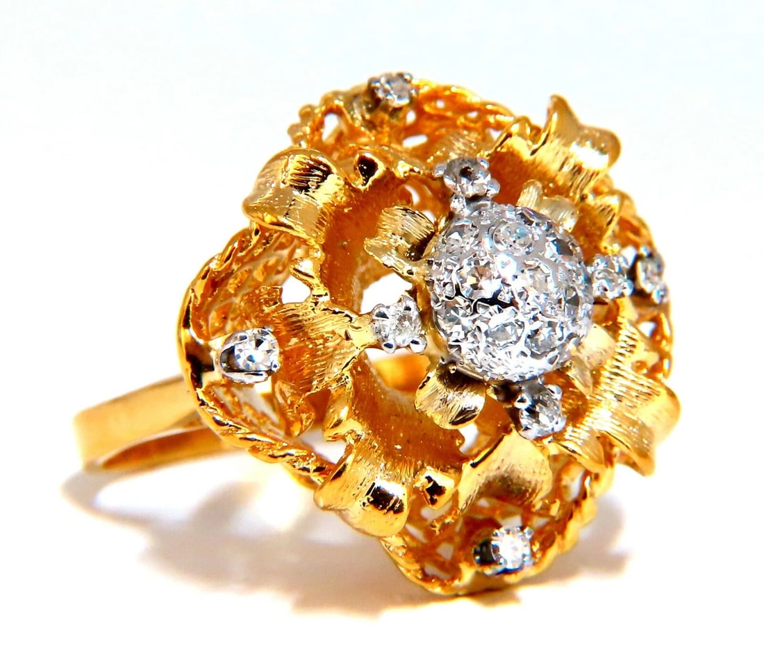 .30ct Natural Diamonds Filigree Curling Ring 14kt**: Title: .30ct Natural Diamonds Filigree Curling Ring 14kt** Description: Classic Filigree .30ct Natural Round Cut Diamonds. Vs-2 clarity H color. 14kt yellow gold 7.4 Grams Overall ring: 20mm wide Dept