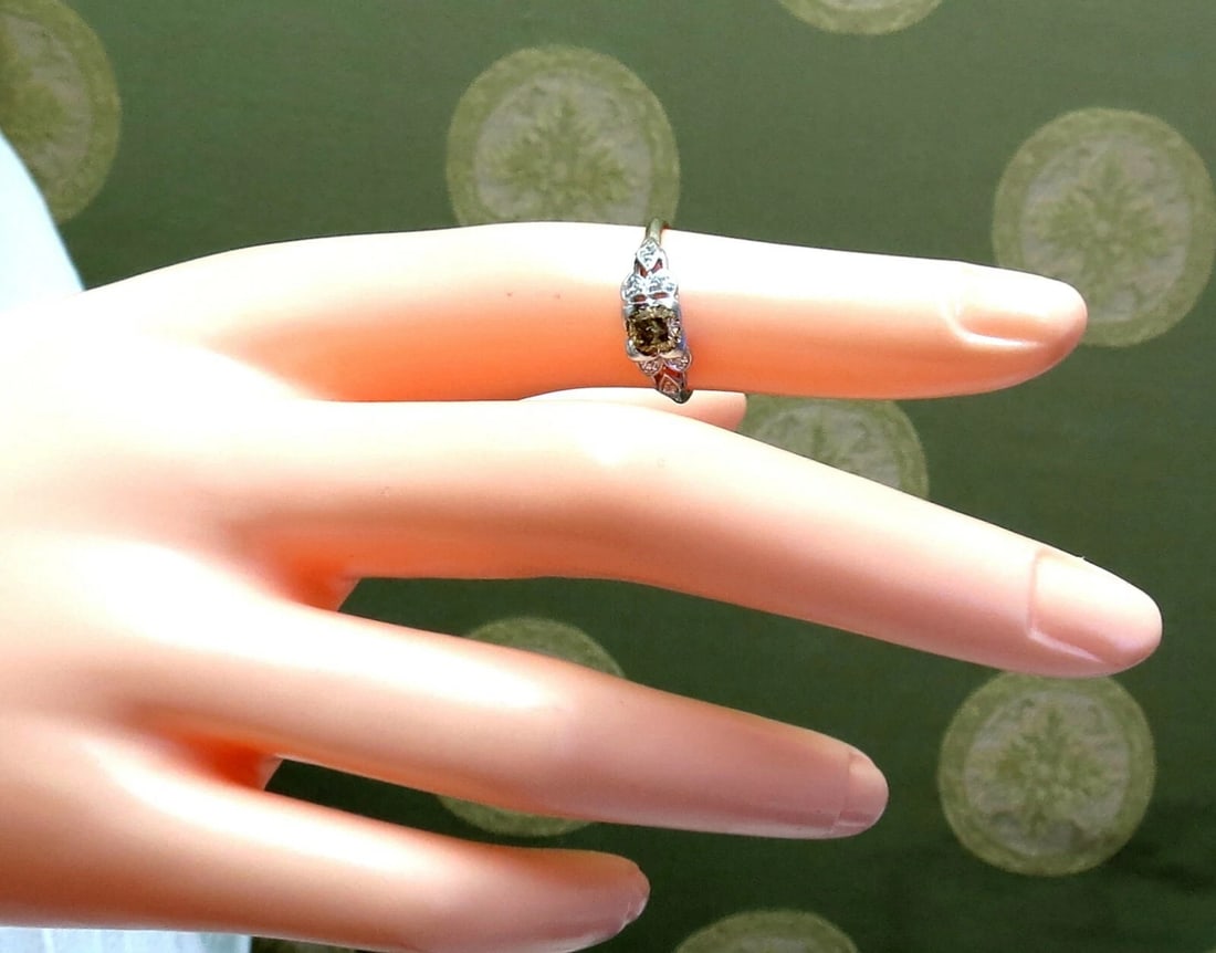 .60ct Natural Yellow Green Brown Diamond Vintage Gilt Ring Platinum** - 7