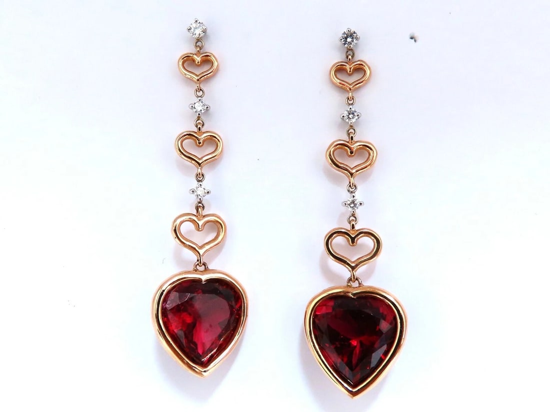 GIA Certified Natural Red Heart Tourmaline Diamonds Dangle Earrings 14k**: Title: GIA Certified Natural Red Heart Tourmaline Diamonds Dangle Earrings 14k** Description: MAGNIFICENT JEWELS 33.62ct. Natural Heart Cut Tourmalines GIA Certified: Report #2215214380 (attached) Ful