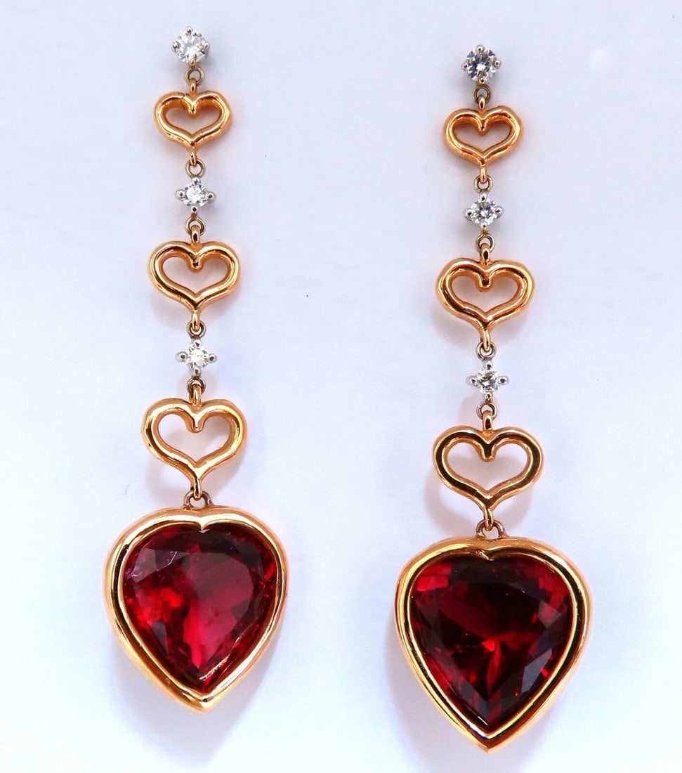 GIA Certified Natural Red Heart Tourmaline Diamonds Dangle Earrings 14k** - 2