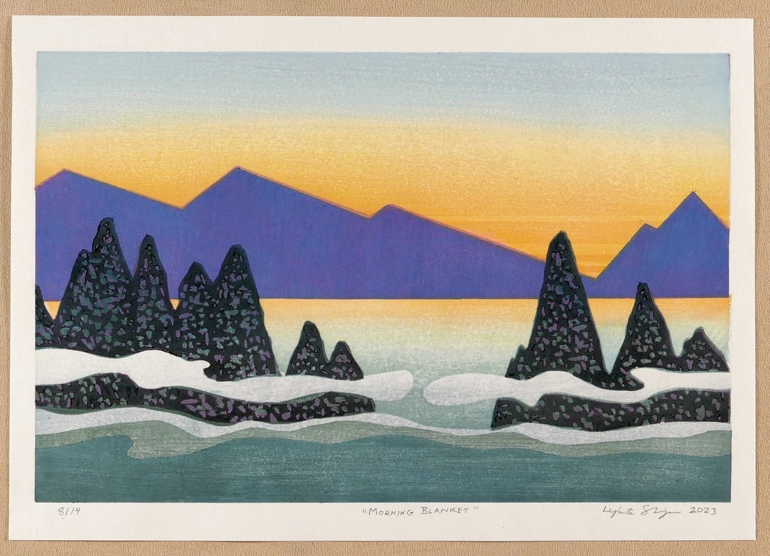 SHIMIZU, Lynita (b. 1952): Morning Blanket: Artist: SHIMIZU, Lynita (b. 1952)Title:Morning BlanketSeries: From the ''Road Trip' series; limited ed. no. 8/14Publisher:self-publishedDate:2023Medium:Woodblock print.Size/Format:10 1/2" x 15" (the