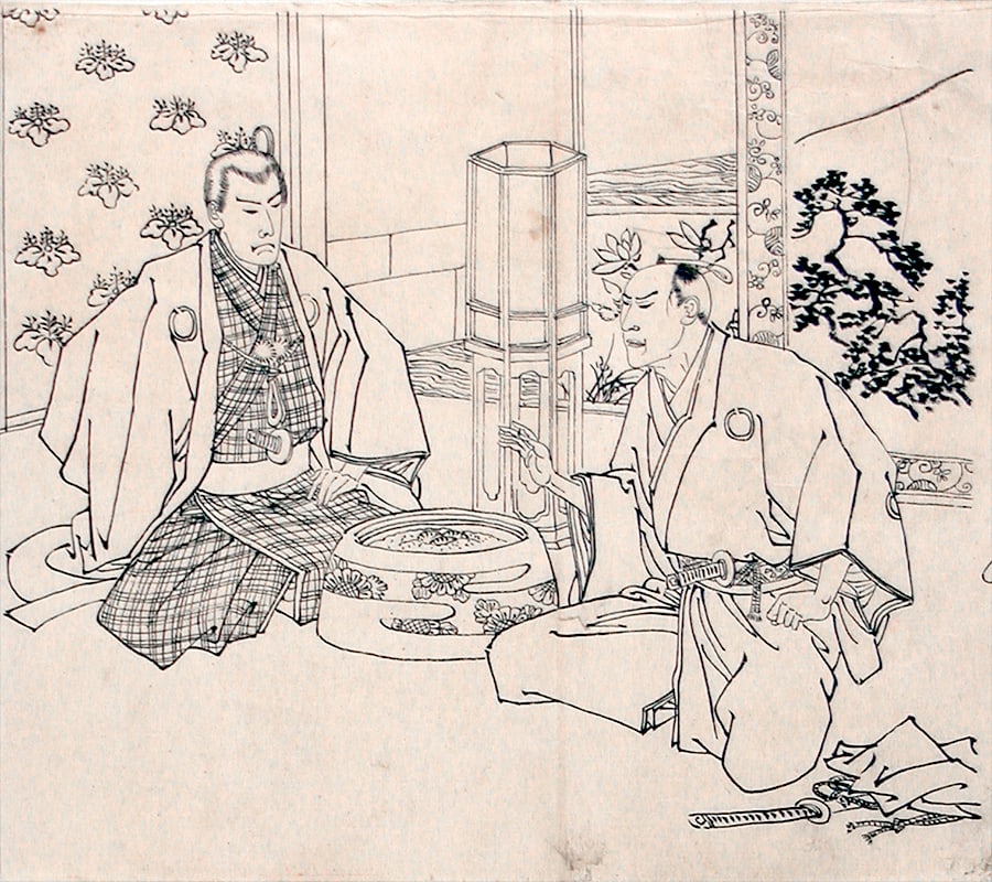 Toshikata, Mizuno (fl. 1866-1908): Four preparatory drawings for an illustrated book or magazine.: Artist: Toshikata, Mizuno (fl. 1866-1908)Title:Four preparatory drawings for an illustrated book or magazine.Date:c. 1890sMedium:Black ink ('sumi') on thin paper.Size/Format: Reserve: $320.00 