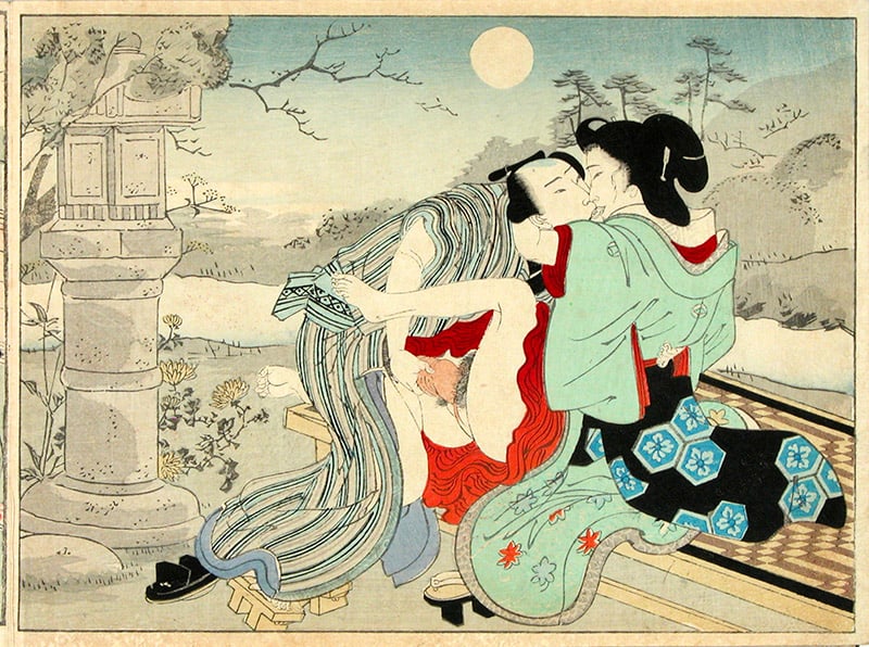 Anonymous: Untitled cloth-bound shunga album with 12 prints (only four shown here) - 2