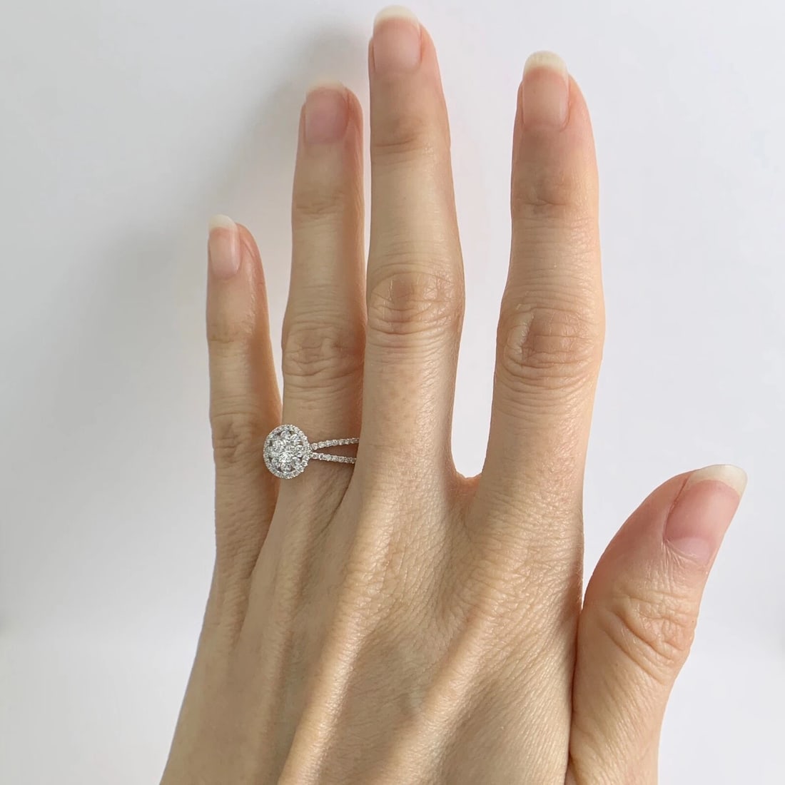 Flower Cluster Split Shank Halo Diamond Engagement Ring 18K White Gold .90 CTW - 3