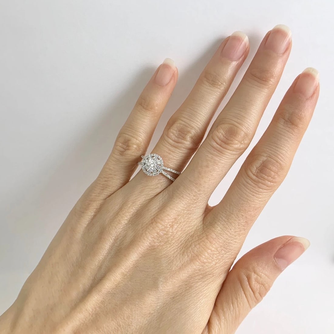 Flower Cluster Split Shank Halo Diamond Engagement Ring 18K White Gold .90 CTW - 4