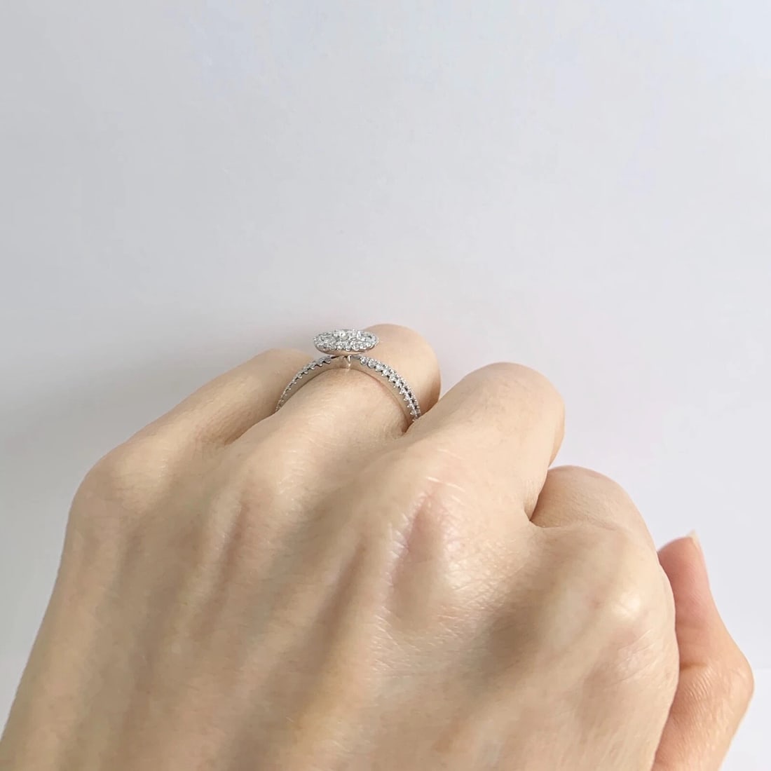 Flower Cluster Split Shank Halo Diamond Engagement Ring 18K White Gold .90 CTW - 5