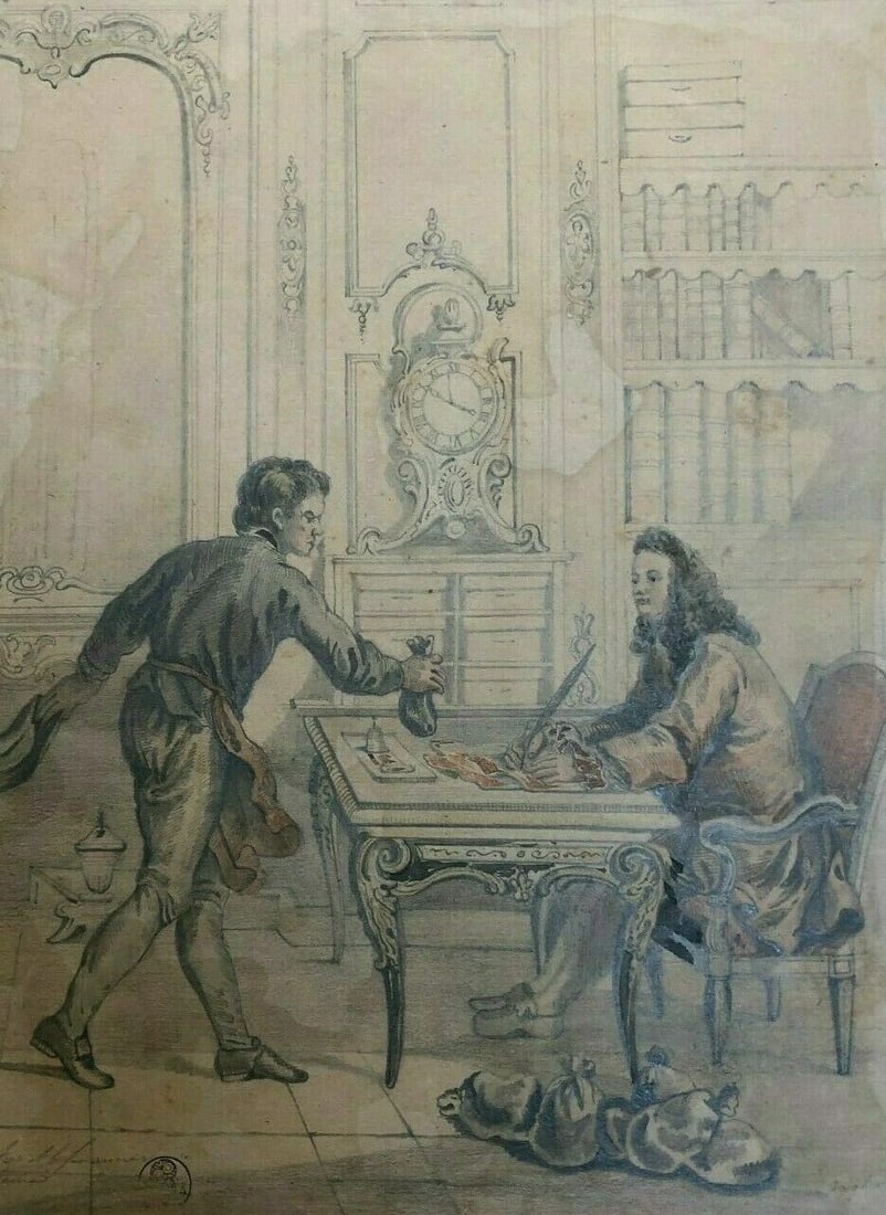 Antique Pencil Drawing 19th century La Fontaine, Financier - Dikéos Collection - 2