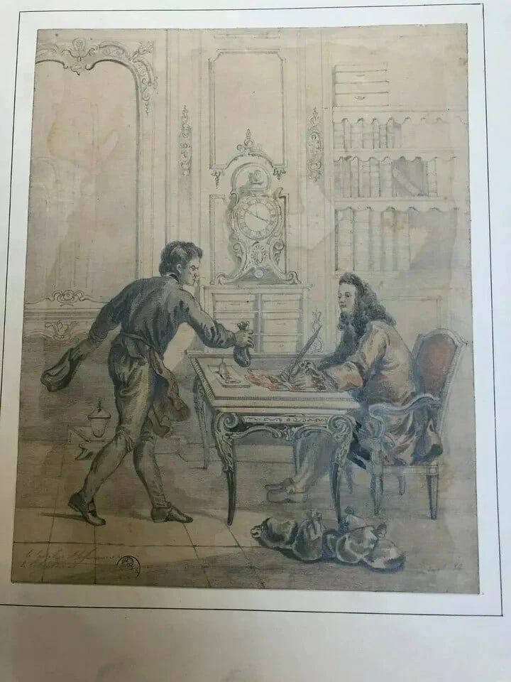 Antique Pencil Drawing 19th century La Fontaine, Financier - Dikéos Collection - 3
