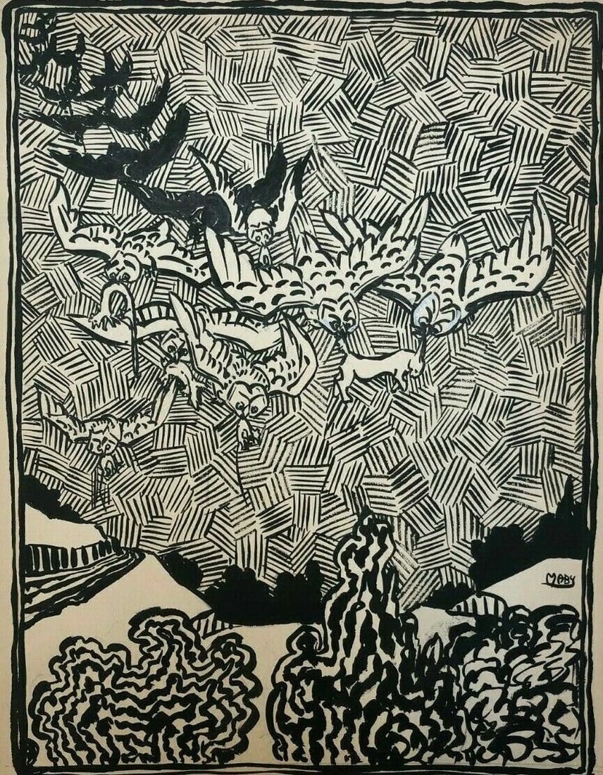 Vintage Ink Drawing Illustration of Owls Hunting Rabbits: Title: Vintage Ink Drawing Illustration of Owls Hunting RabbitsDescription: Ink on paper 33 x 25 cm stains, folds Reserve: $50.00 Shipping:Domestic: Flat-rate of $25.00 to anywhere within the