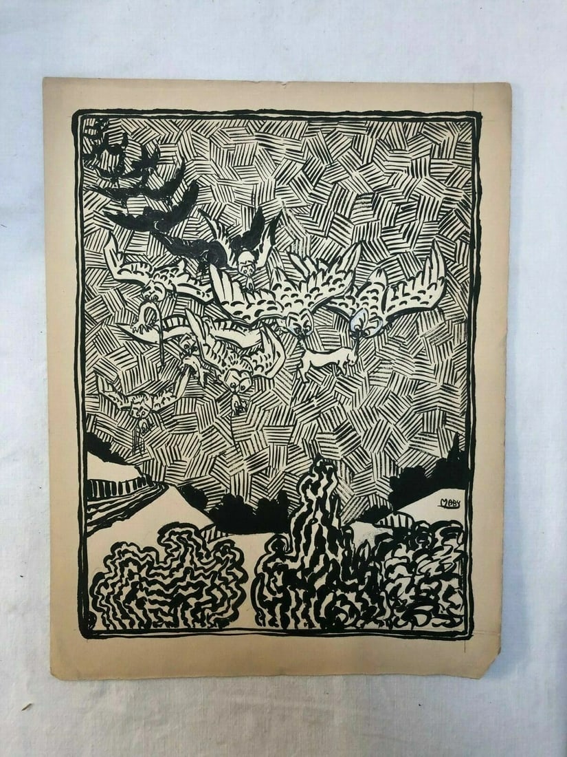 Vintage Ink Drawing Illustration of Owls Hunting Rabbits - 3