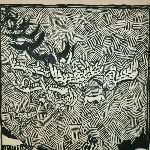 Vintage Ink Drawing Illustration of Owls Hunting Rabbits - 4