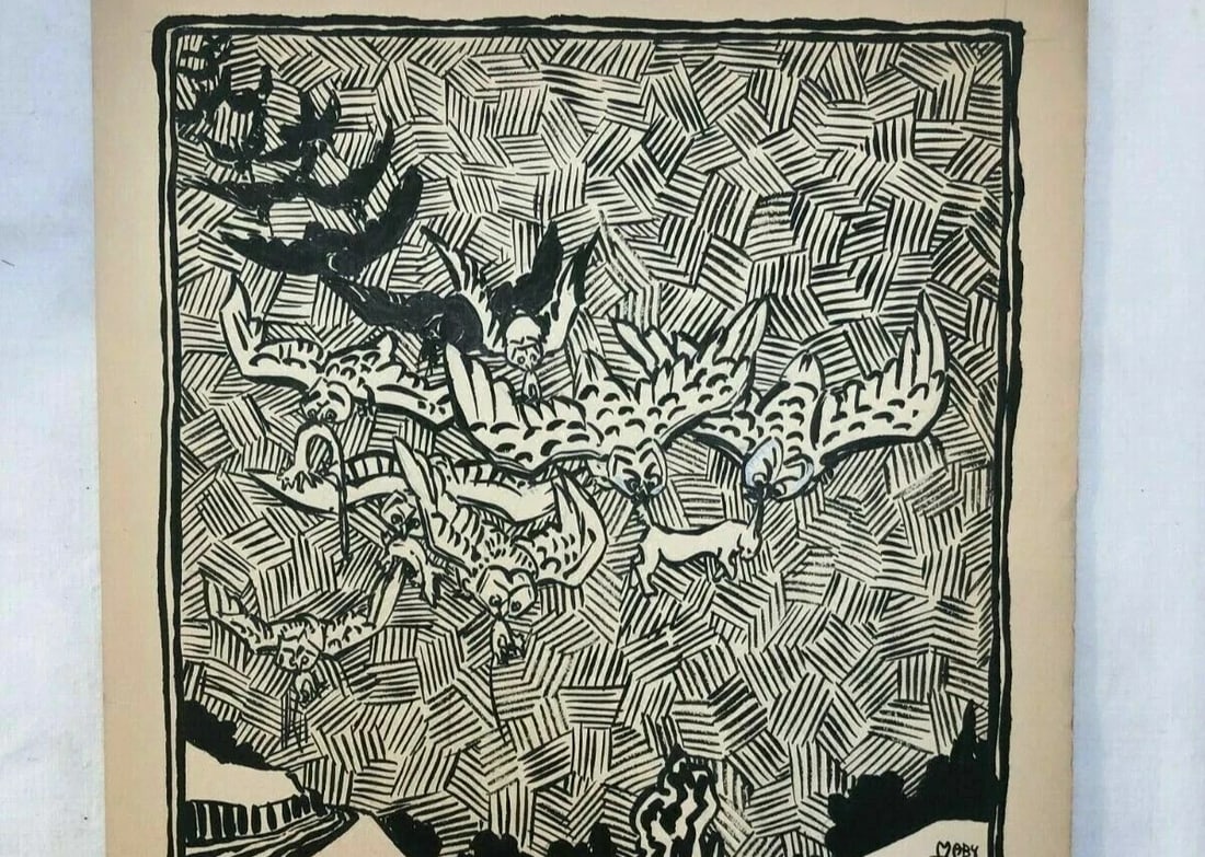 Vintage Ink Drawing Illustration of Owls Hunting Rabbits - 8