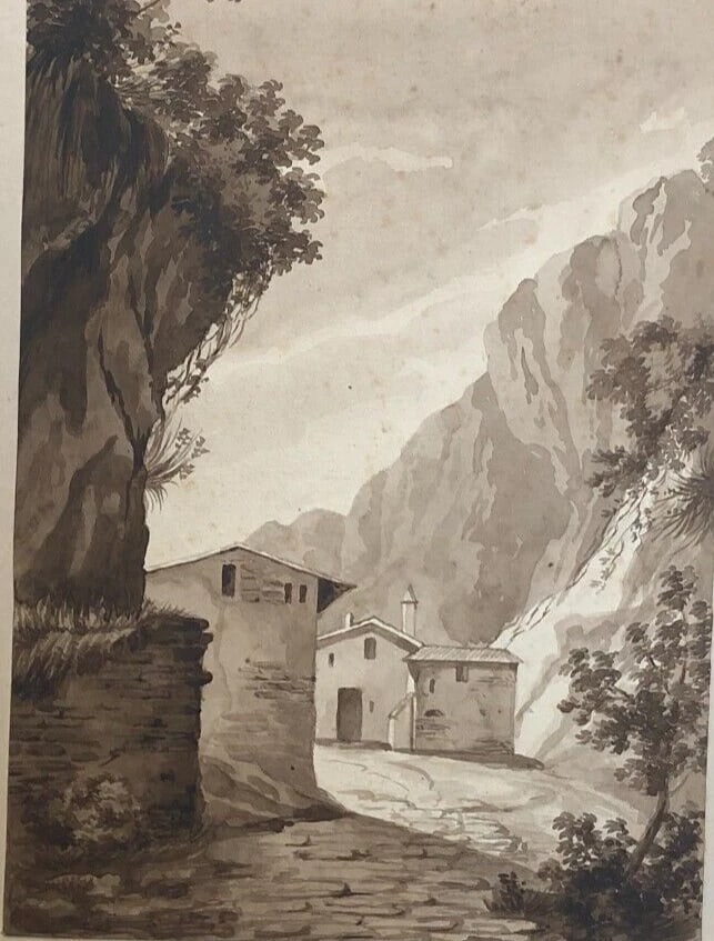 Antique Original Drawing 19th century Mountain Village Landscape: Title: Antique Original Drawing 19th century Mountain Village Landscape Description: Ink on paper 23 x 16 cm stains, laminated to paper Reserve: $70.00 Shipping: Domestic: Flat-rate of $25.00 to anywh