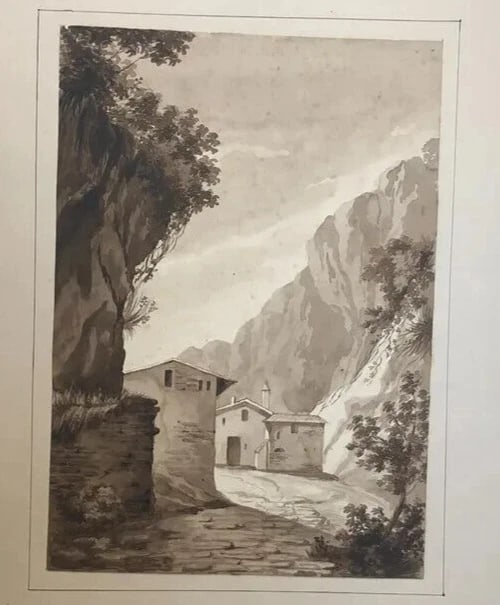 Antique Original Drawing 19th century Mountain Village Landscape - 4