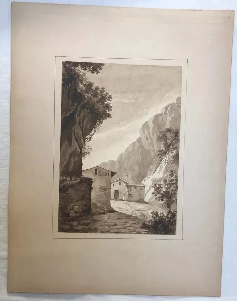 Antique Original Drawing 19th century Mountain Village Landscape - 5