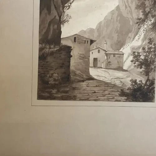 Antique Original Drawing 19th century Mountain Village Landscape - 6