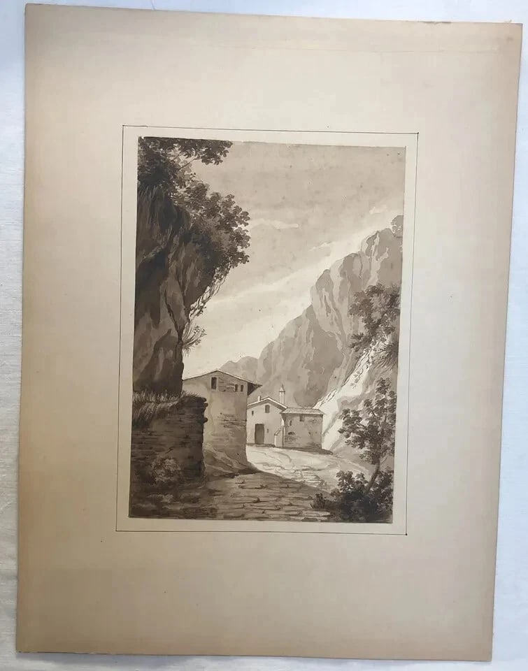 Antique Original Drawing 19th century Mountain Village Landscape - 7