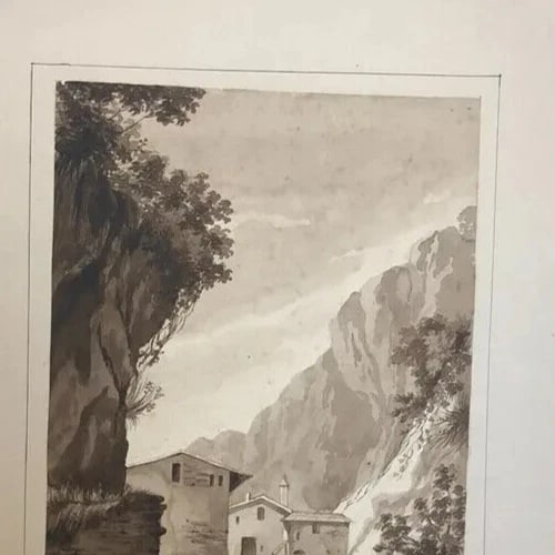 Antique Original Drawing 19th century Mountain Village Landscape - 8