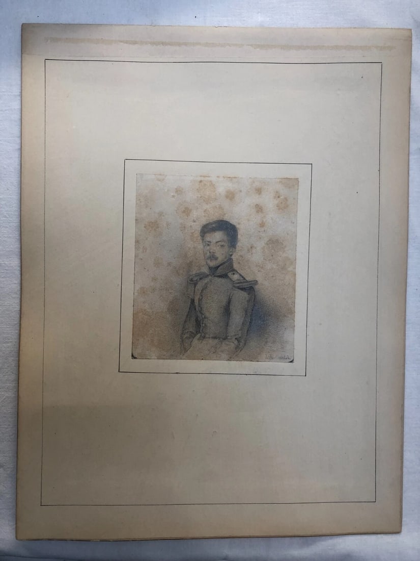 Antique Pencil Original Drawing 19th century Military Man Portrait - 3