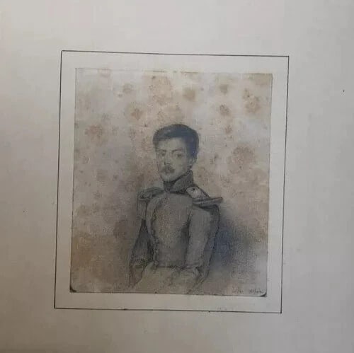 Antique Pencil Original Drawing 19th century Military Man Portrait - 5