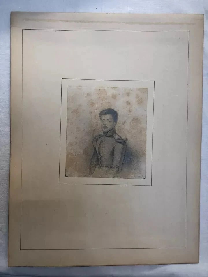 Antique Pencil Original Drawing 19th century Military Man Portrait - 7