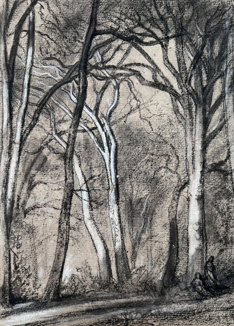 Antique Original Drawing Original Forest, Trees, Landscape - 2