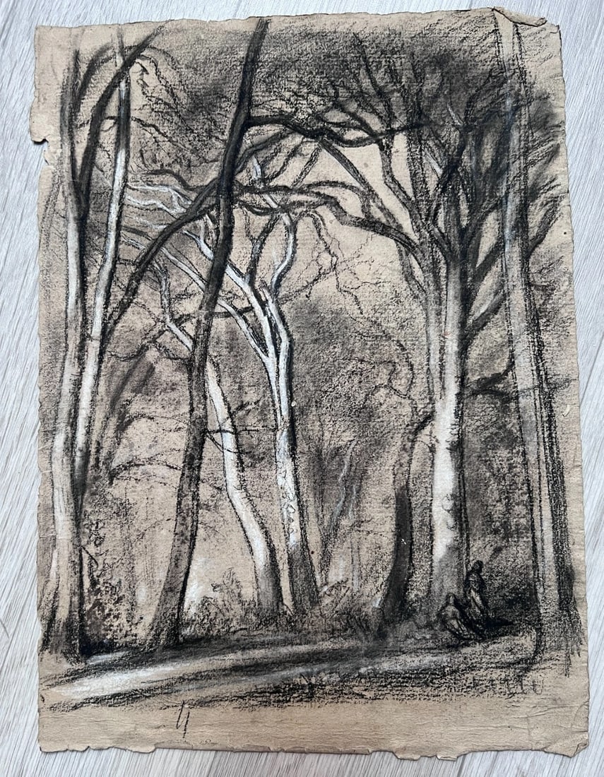 Antique Original Drawing Original Forest, Trees, Landscape - 3
