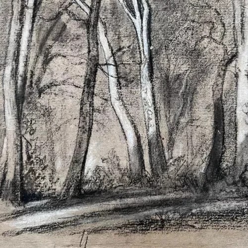 Antique Original Drawing Original Forest, Trees, Landscape - 4