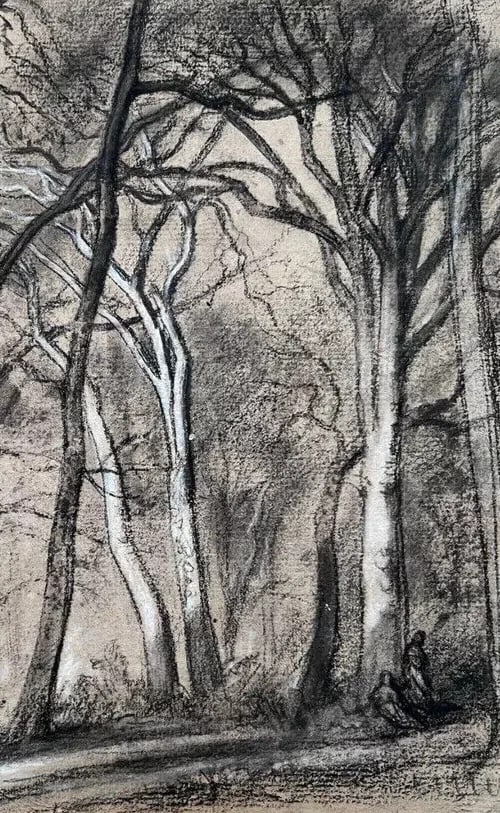 Antique Original Drawing Original Forest, Trees, Landscape - 6