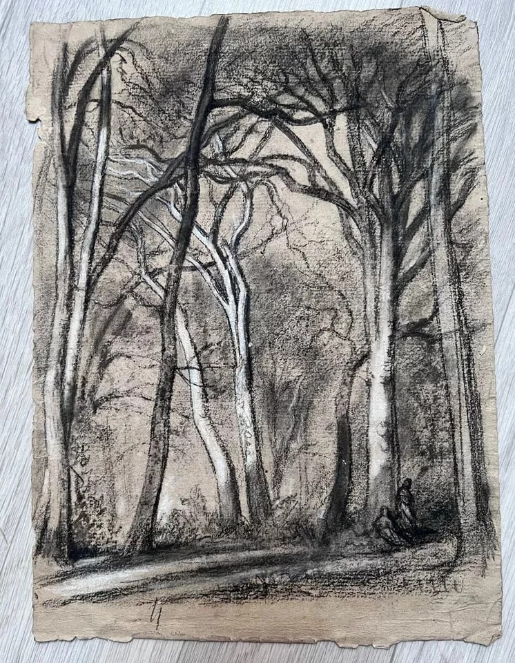 Antique Original Drawing Original Forest, Trees, Landscape - 7