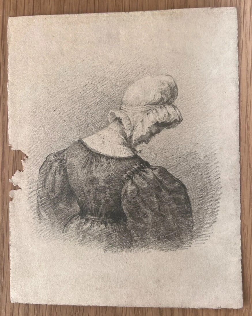 Antique Drawing Original Woman, Portrait, Hat 19th century - 3