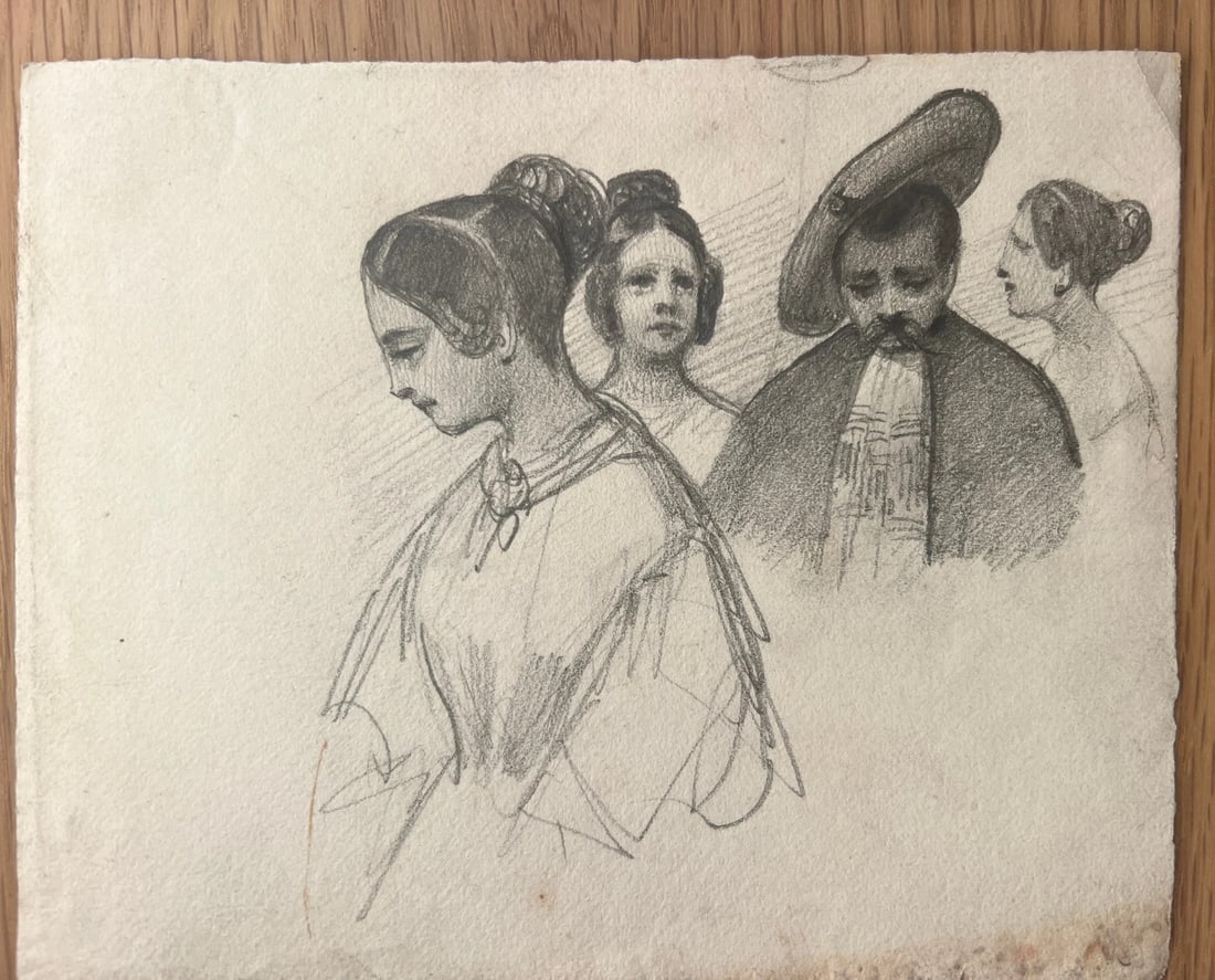 Antique original Women and Men Portraits 19th century Drawing - 3